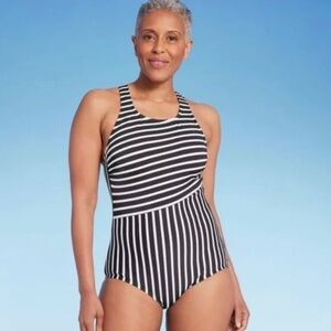 Land's End One-piece swimsuit Black & White Stripes NWT Large